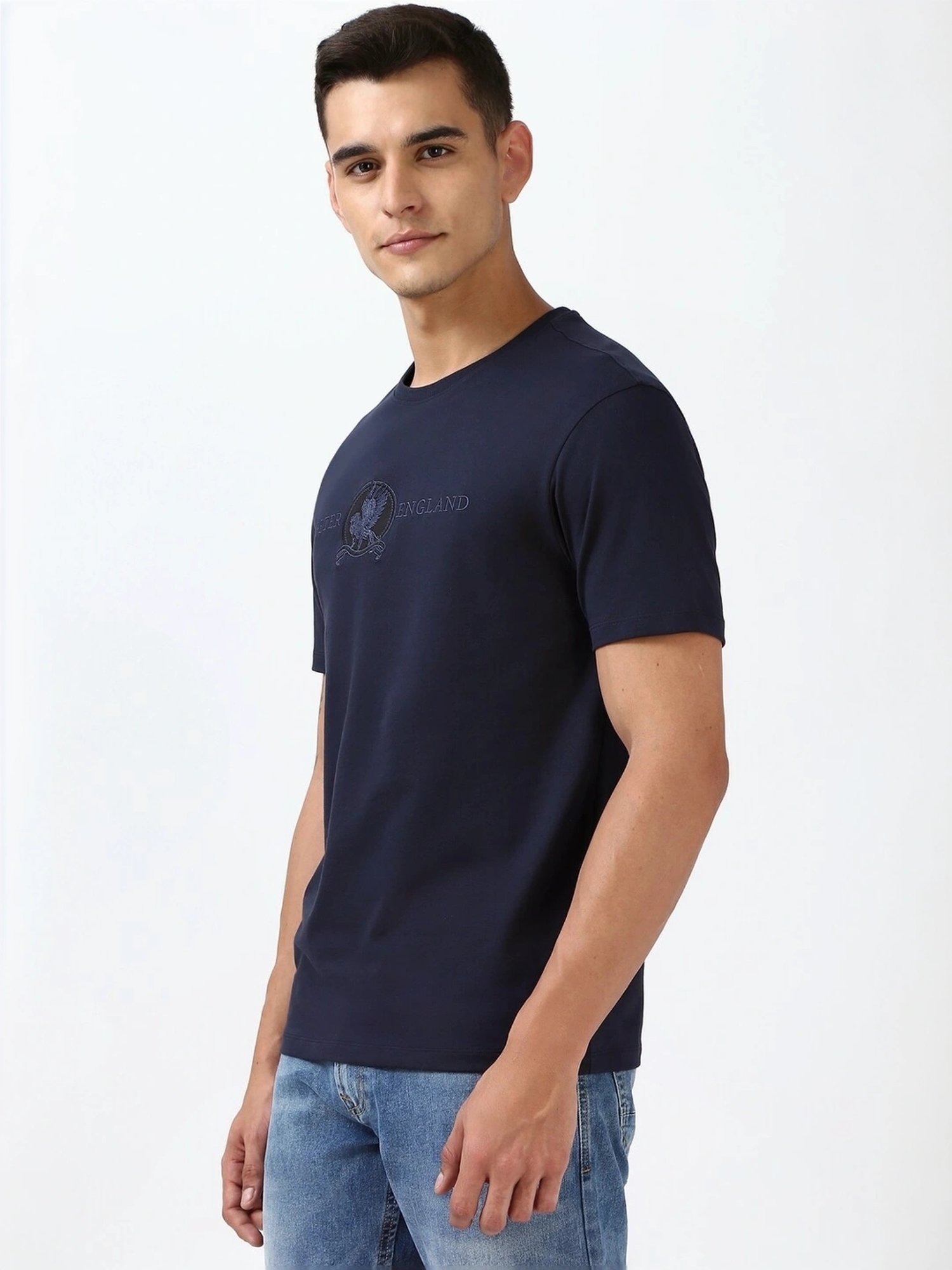 Peter England Navy Regular Fit Embroidered T-Shirt