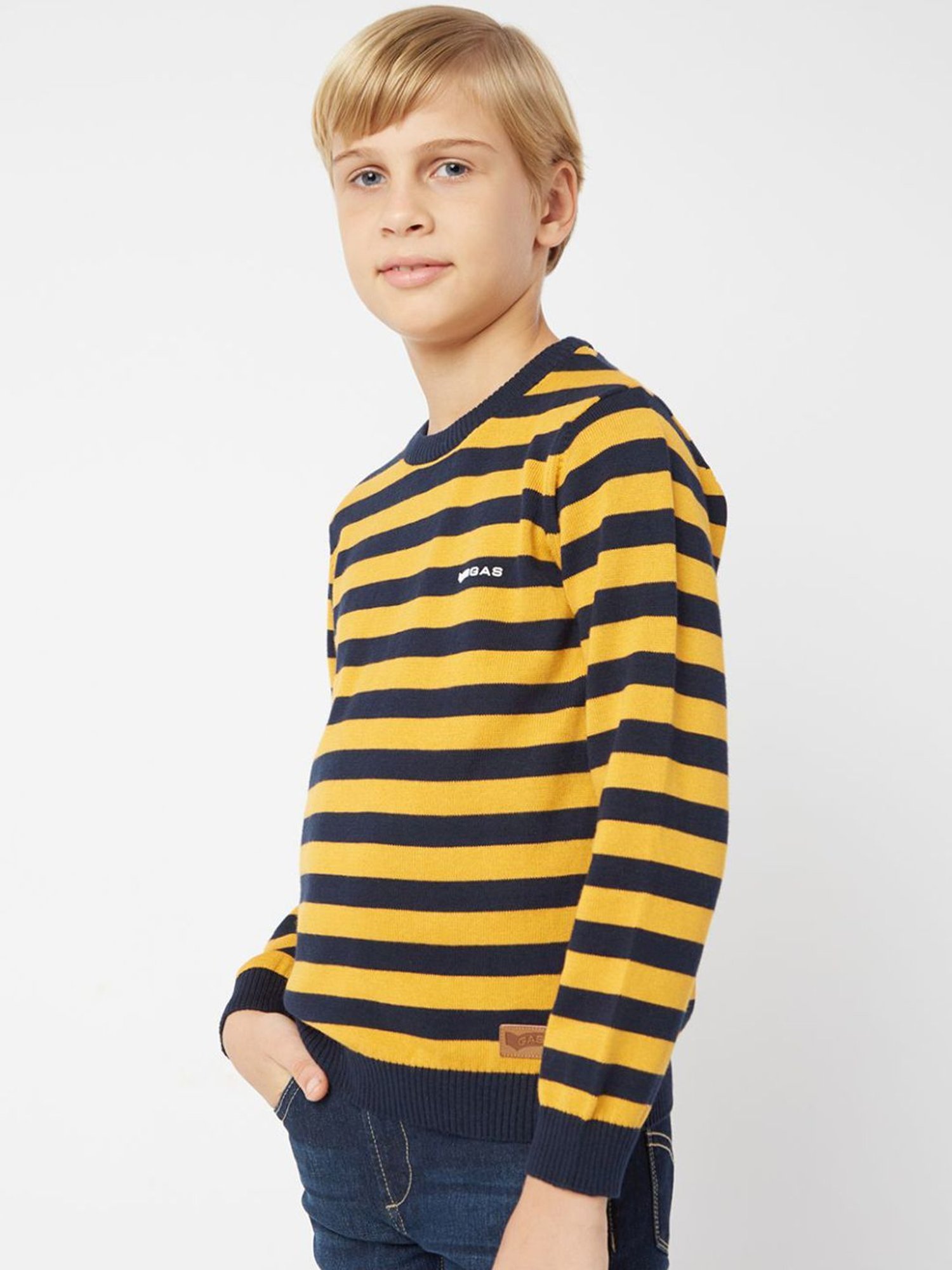 GAS Kids Yellow & Navy Cotton Striped Full Sleeves Sweater
