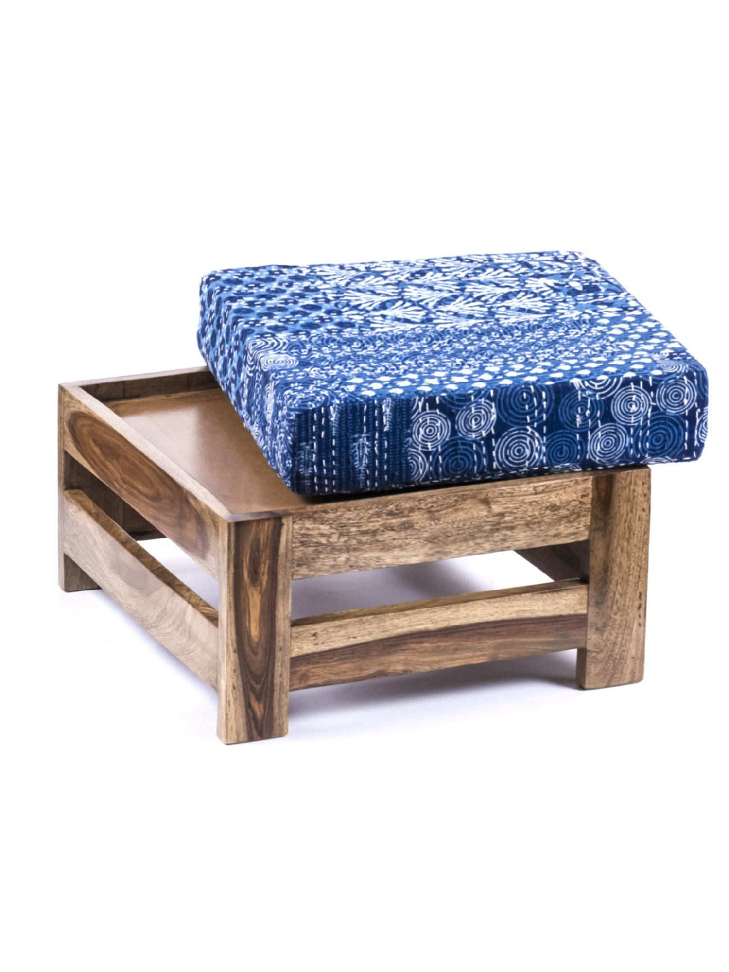 Ikiriya Amber Printed Blue & Brown Wood Foot Stool Teak Finish