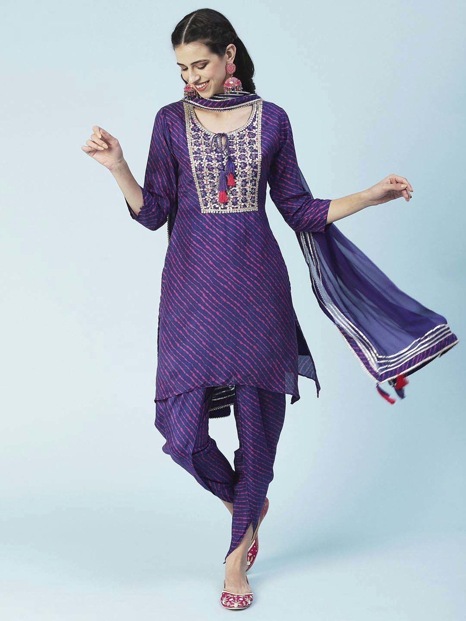 Fashor Purple Embroidered Kurti Dhoti Pant Set With Dupatta