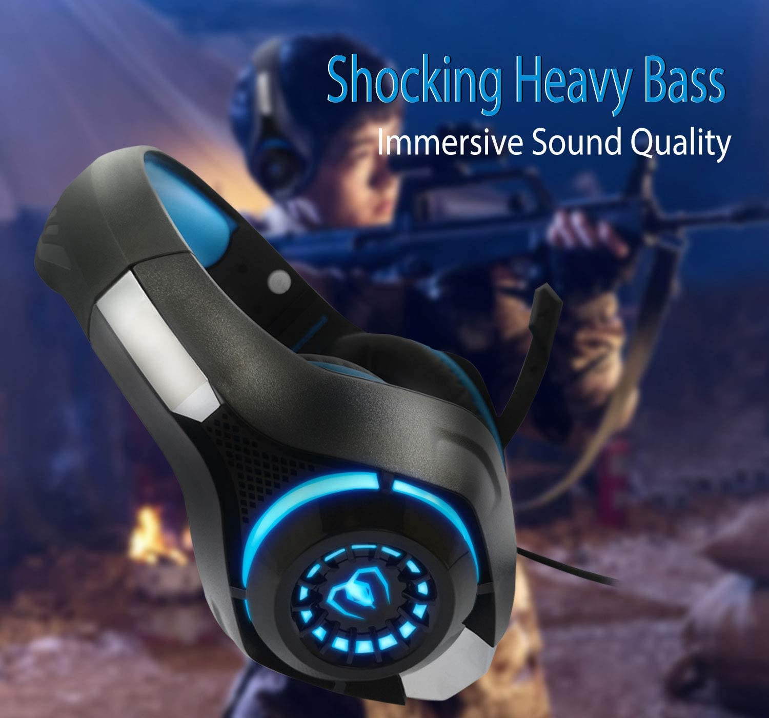 Pro Gaming Headset, Gaming Headphones for PC PS4 Xbox One Surround Sound Over-Ear Headphones with Mic LED Light Bass Surround Soft Memory Earmuffs for Computer Laptop - Blue