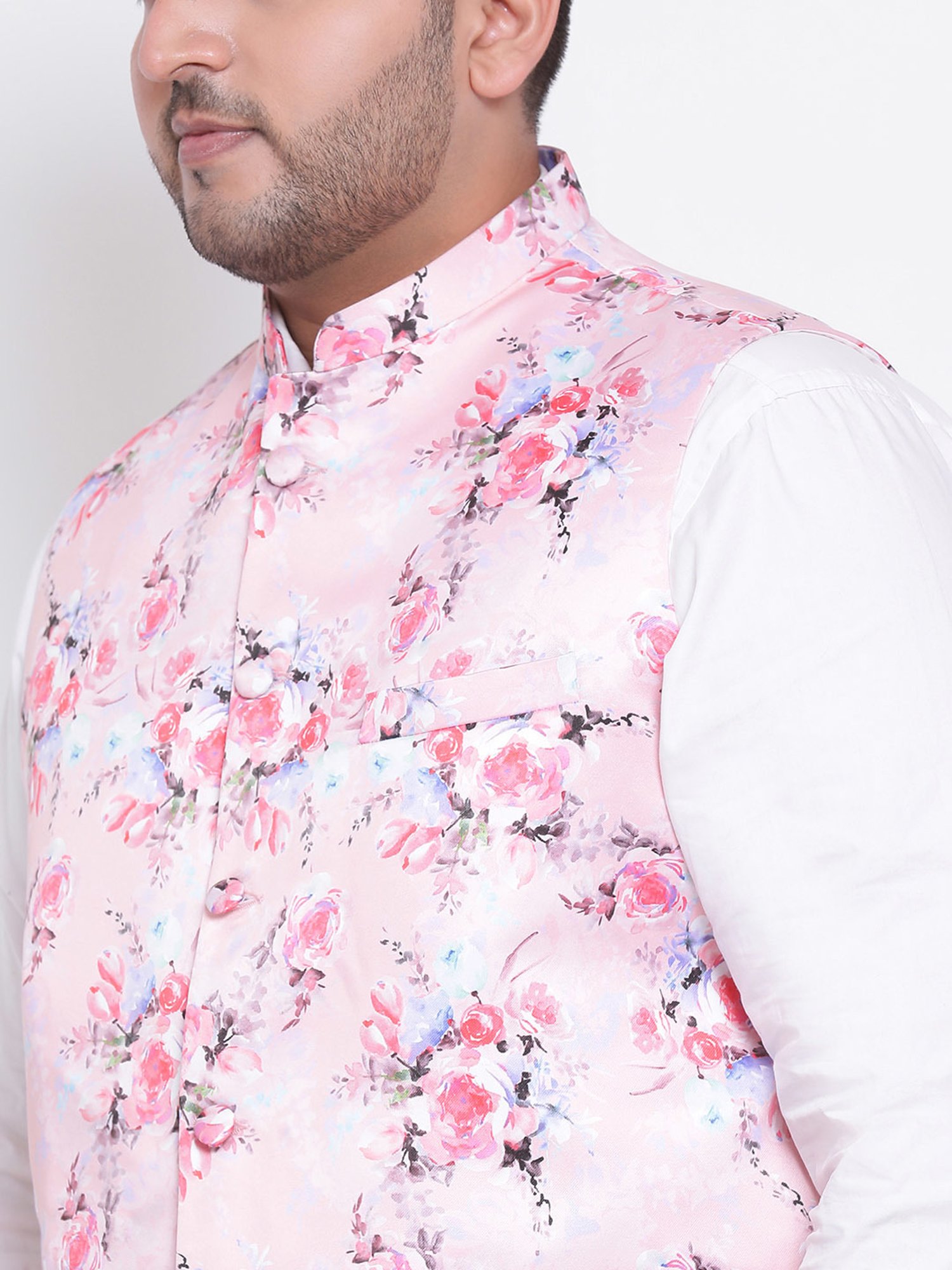Hangup Plus Pink Regular Fit Floral Print Plus Size Nehru Jacket
