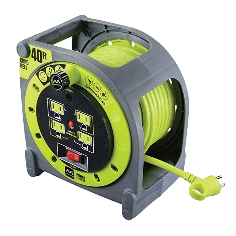 40ft Cord Case Reel with 4 120V 13 AMP Integrated Outlets and Thermal Overload Breaker
