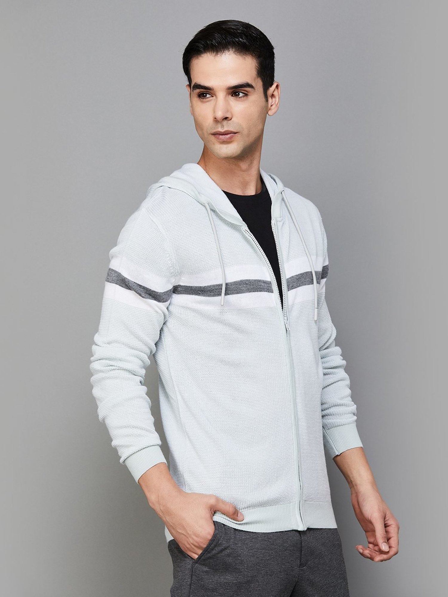 Code by Lifestyle Grey Regular Fit Striped Sweater