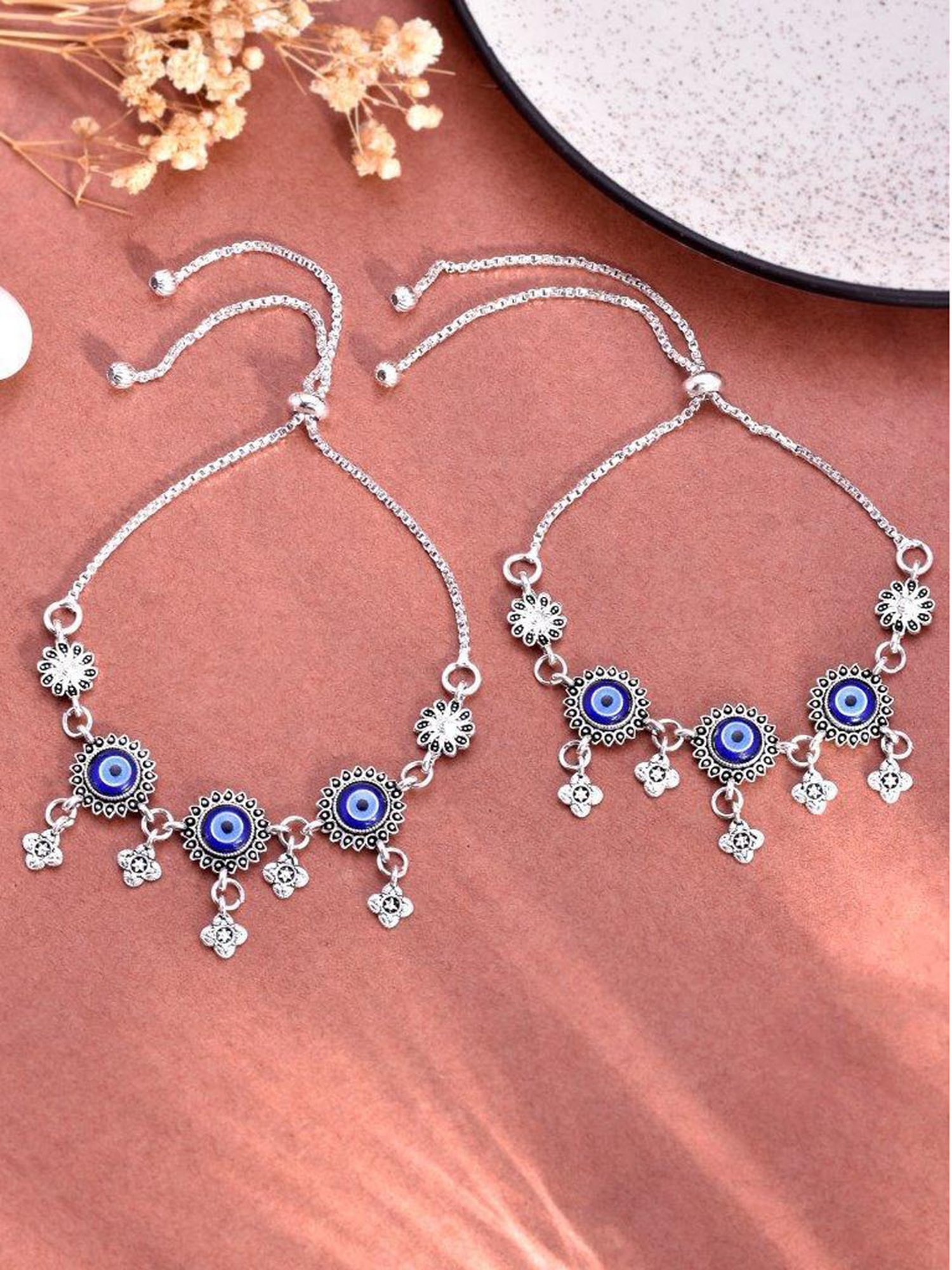 VOJ Pack of 2 Silver Plated Evel Eye Anklet for Women