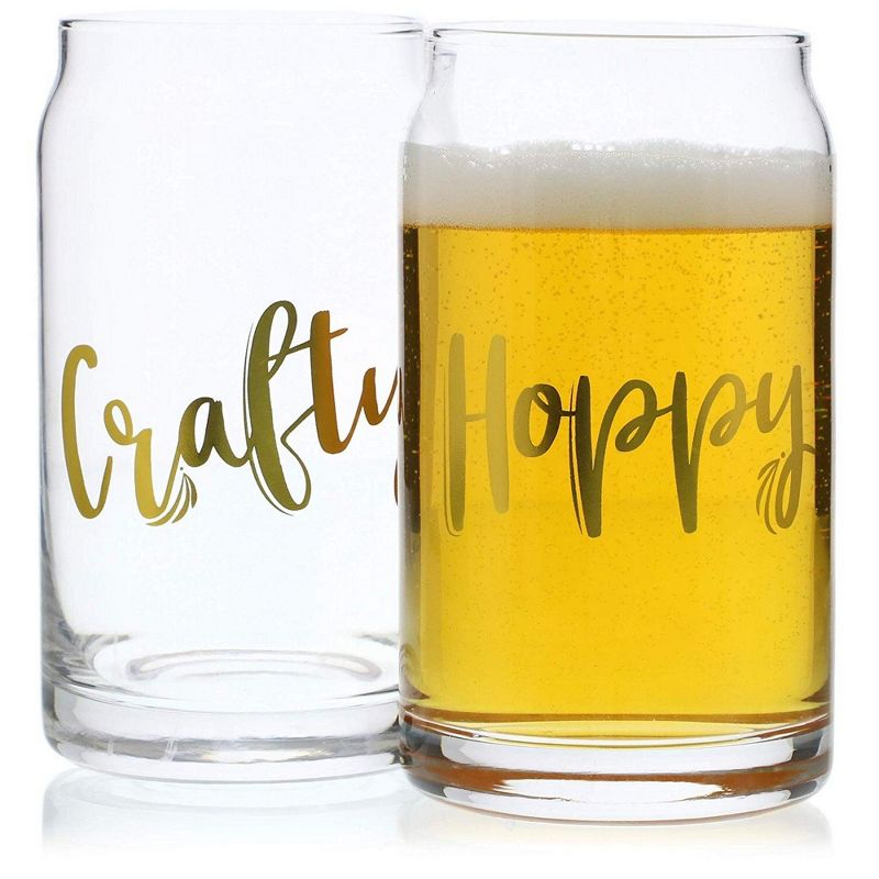 Juvale 2-Pack Clear Can-Shaped Beer Glasses with Gold Foil Sayings 16 Oz