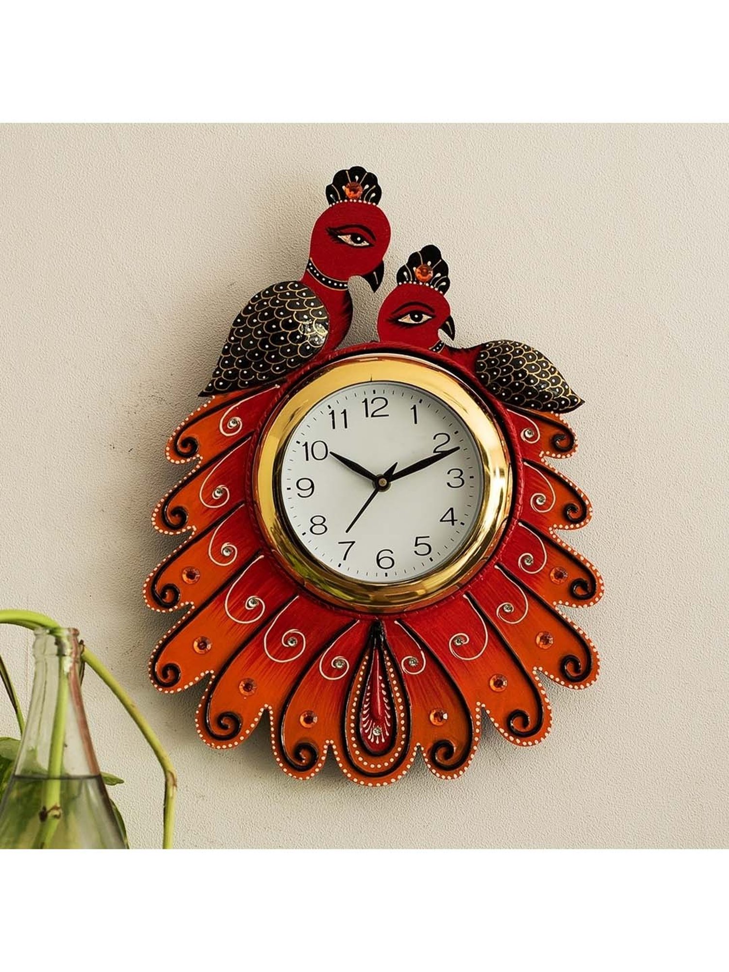 eCraftIndia Handcrafted Papier-Mache 2 Peacocks Decorative Wall Clock