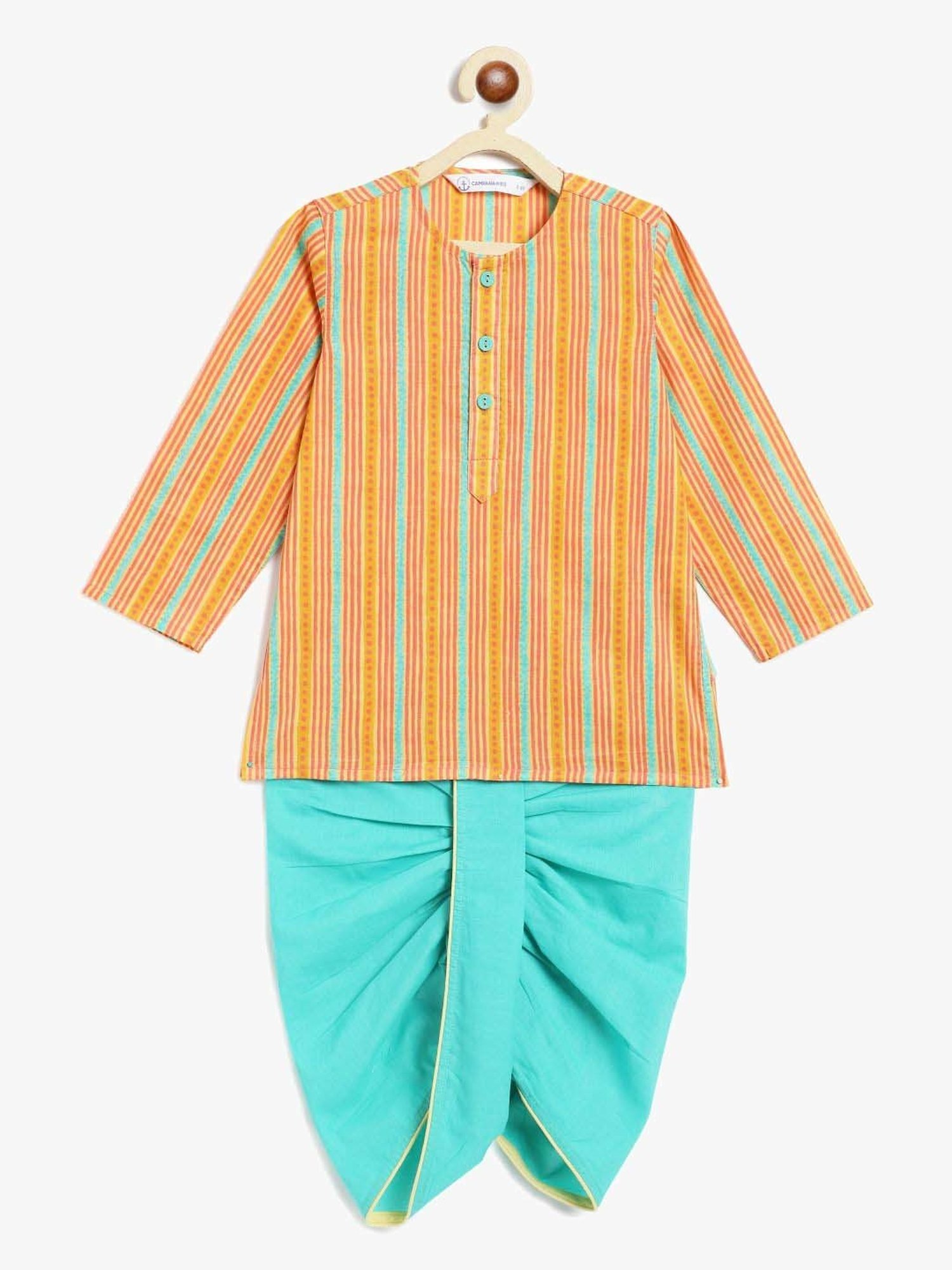 Campana Kids Yellow & Blue Cotton Printed Full Sleeves Kurta & Dhoti