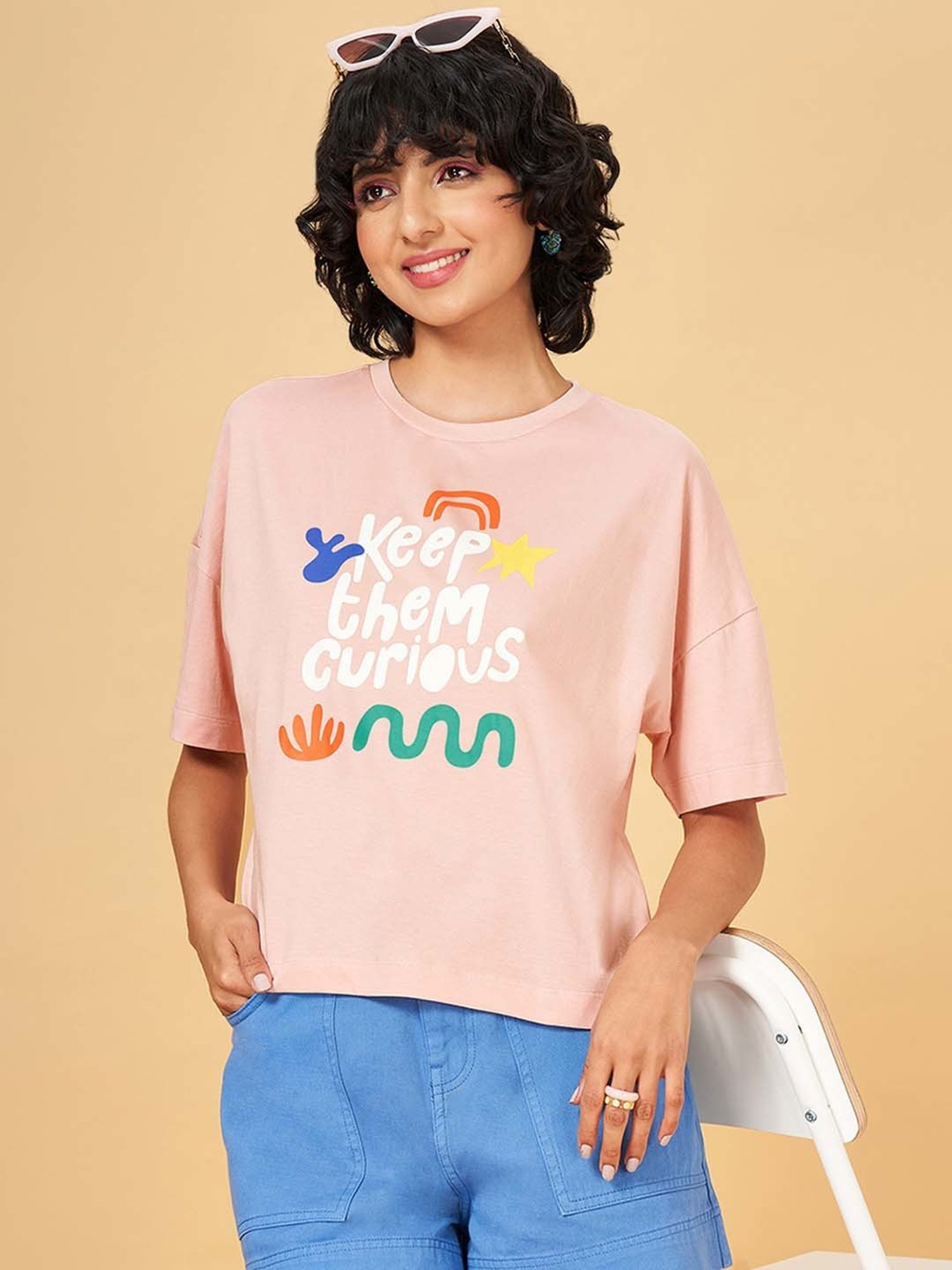 People by Pantaloons Pink Cotton Printed T-Shirt