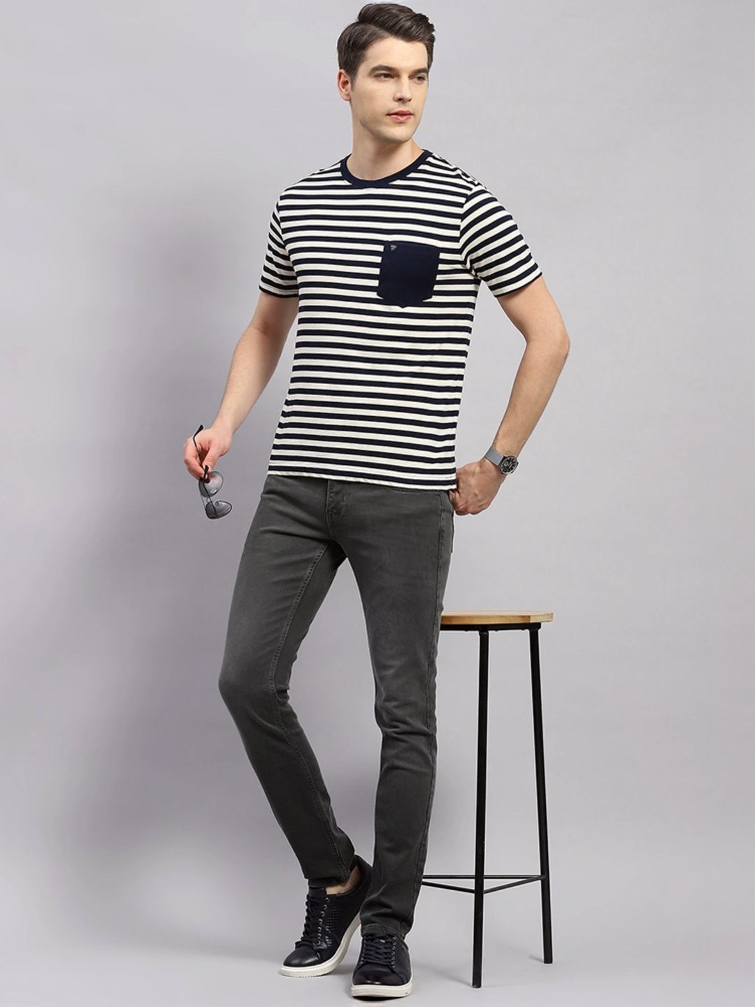 Monte Carlo Navy Blue Regular Fit Striped T-Shirt