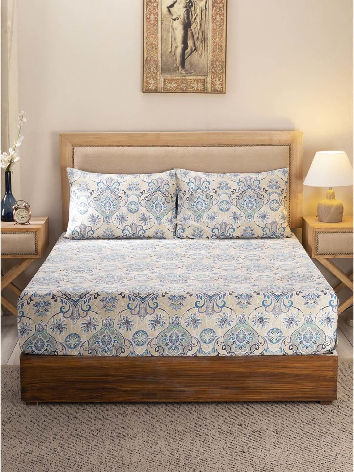 Maspar Hues Nouveau Tradition Lawn Rerun Blue Cotton 300 TC King Bedsheet & 2 Pillow Covers