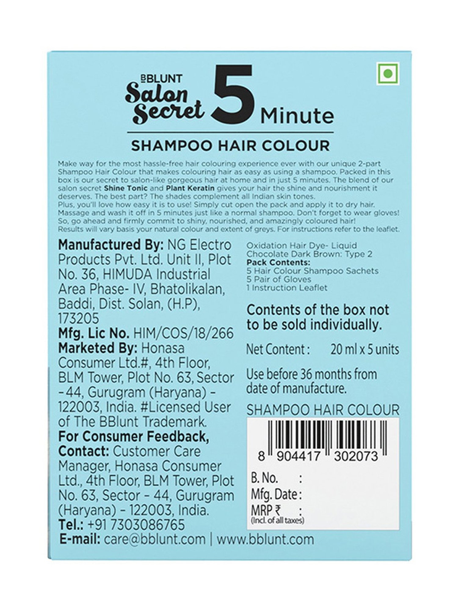 BBlunt Chocolate Dark Brown 5 Minute Shampoo Hair Colour - 20 ml X 5