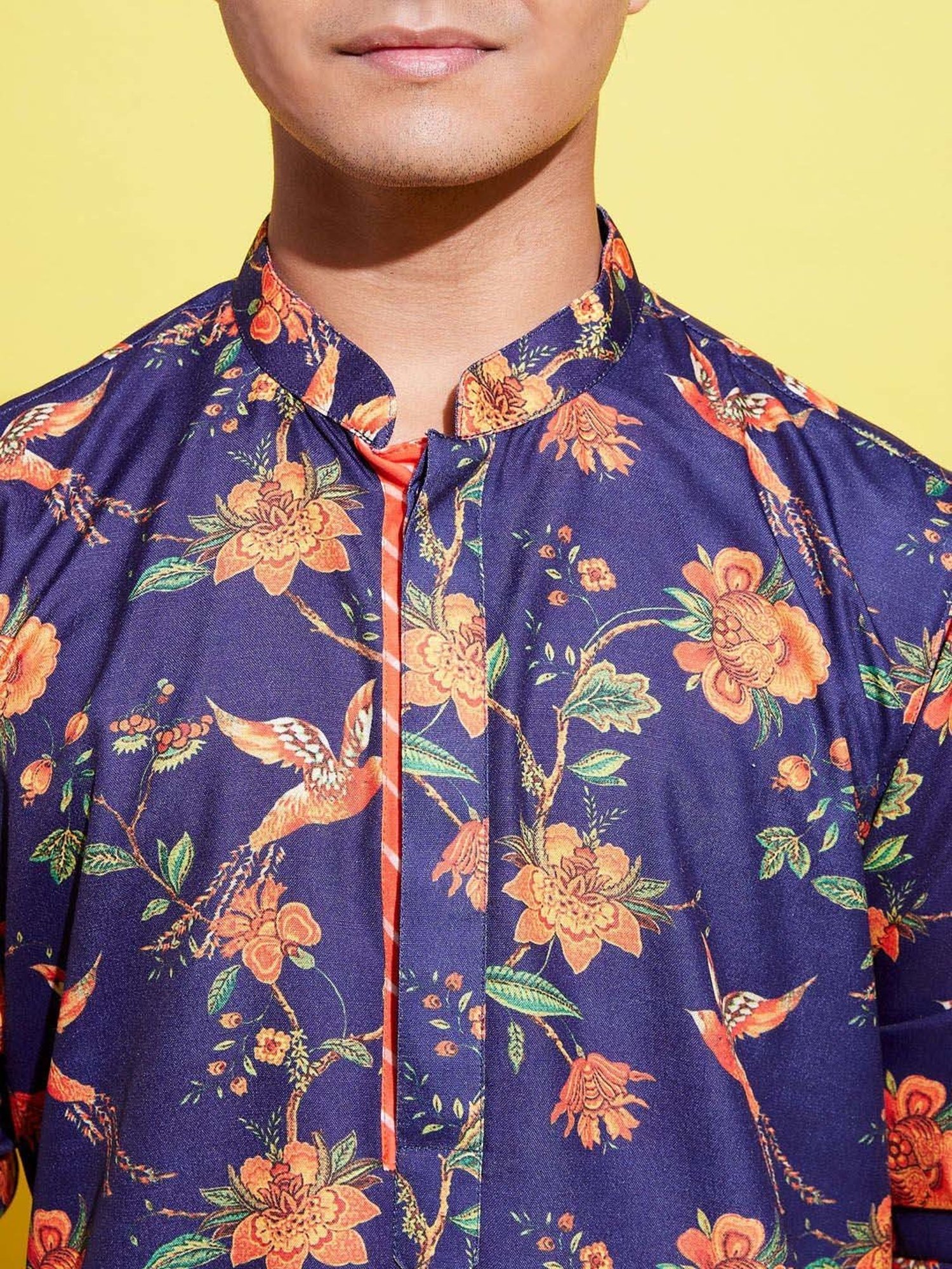 VASTRAMAY Boys Navy & Cream Floral Full Sleeves Kurta Sets