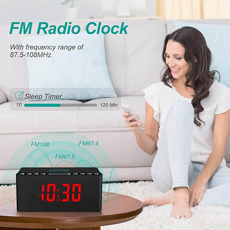 Wooden Alarm Clock with FM Radio 10W Super Fast Wireless Charger Station for iPhoneSamsung 5 Level Dimmer USB Charging Port Sleep Timer Digital LED Clock for Bedroom
