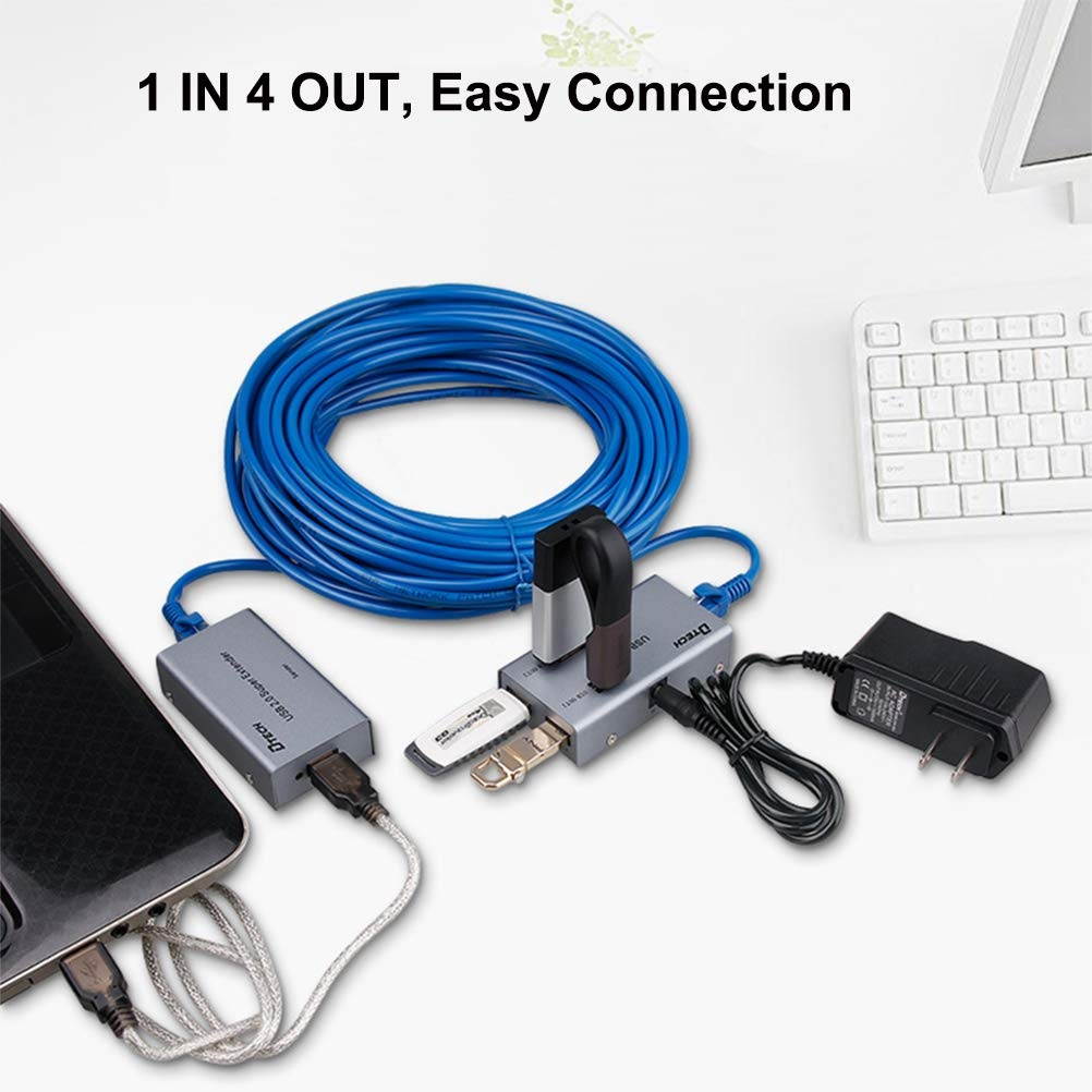 DTECH Multi USB Signal Extender Over Ethernet Cat5 Cat6 Cable up to 164 ft Extension with 4 Expansion USB A 2.0 Port Data Hub Power Supply Adapter for Computer Webcam Camera Hard Drive Keyboard Mouse