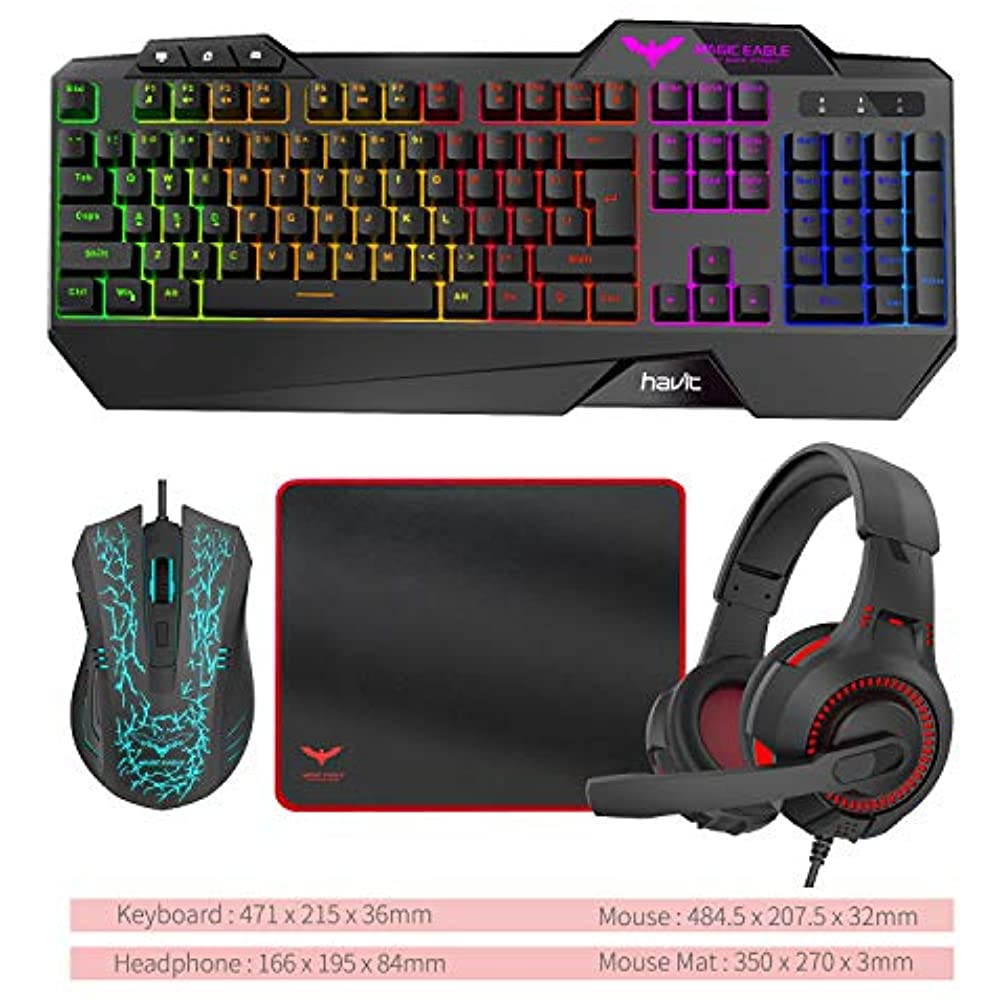 HAVIT Gaming Keyboard Mouse Headset & Mouse Pad Kit, Rainbow LED Backlit Wired, Over Ear Headphone with Mic for PC, Computer, Xbox ONE & PS4, Tablet, Mobile Phones