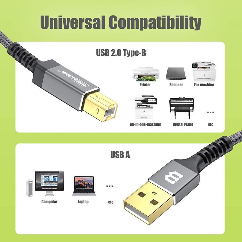 Printer Cable BrexLink Premium10ft USB 2.0 Type A to B Male Printer Cord Durable Nylon Braided High Speed Scanner Fax Cord Compatible with HP Canon Dell Epson Lexmark Xerox Samsung (Grey)