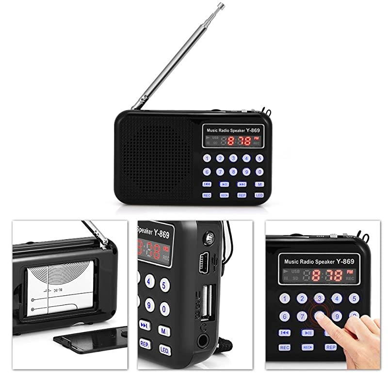 Mini Digital AM FM Pocket Radio Portable Speaker Support FM Radio TF Card USB Disk with LED Screen Display and Emergency Flashlight Function