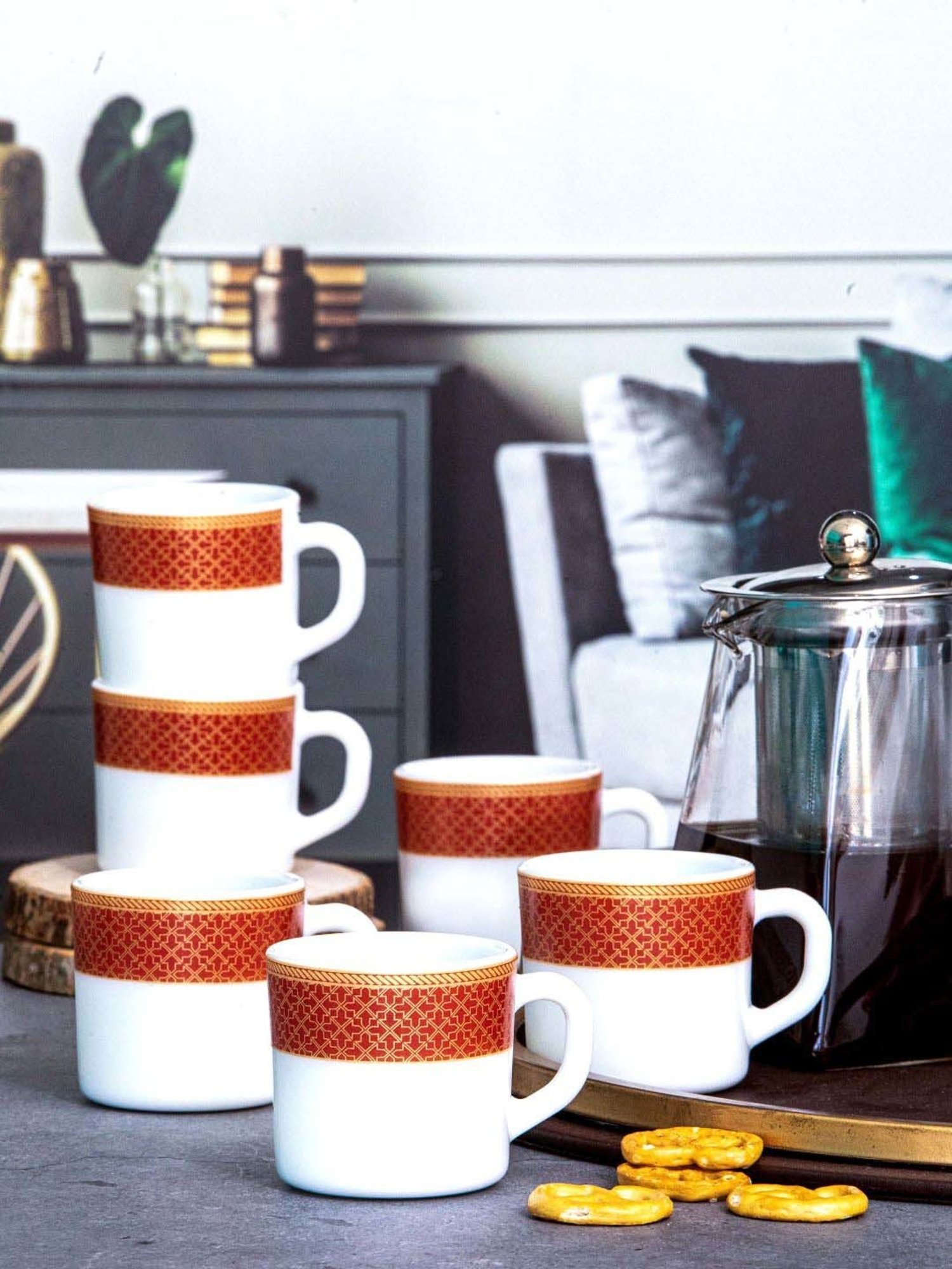 Cello White & Red Opalware Solitaire Tea Mug (0.1 L) - Set of 6