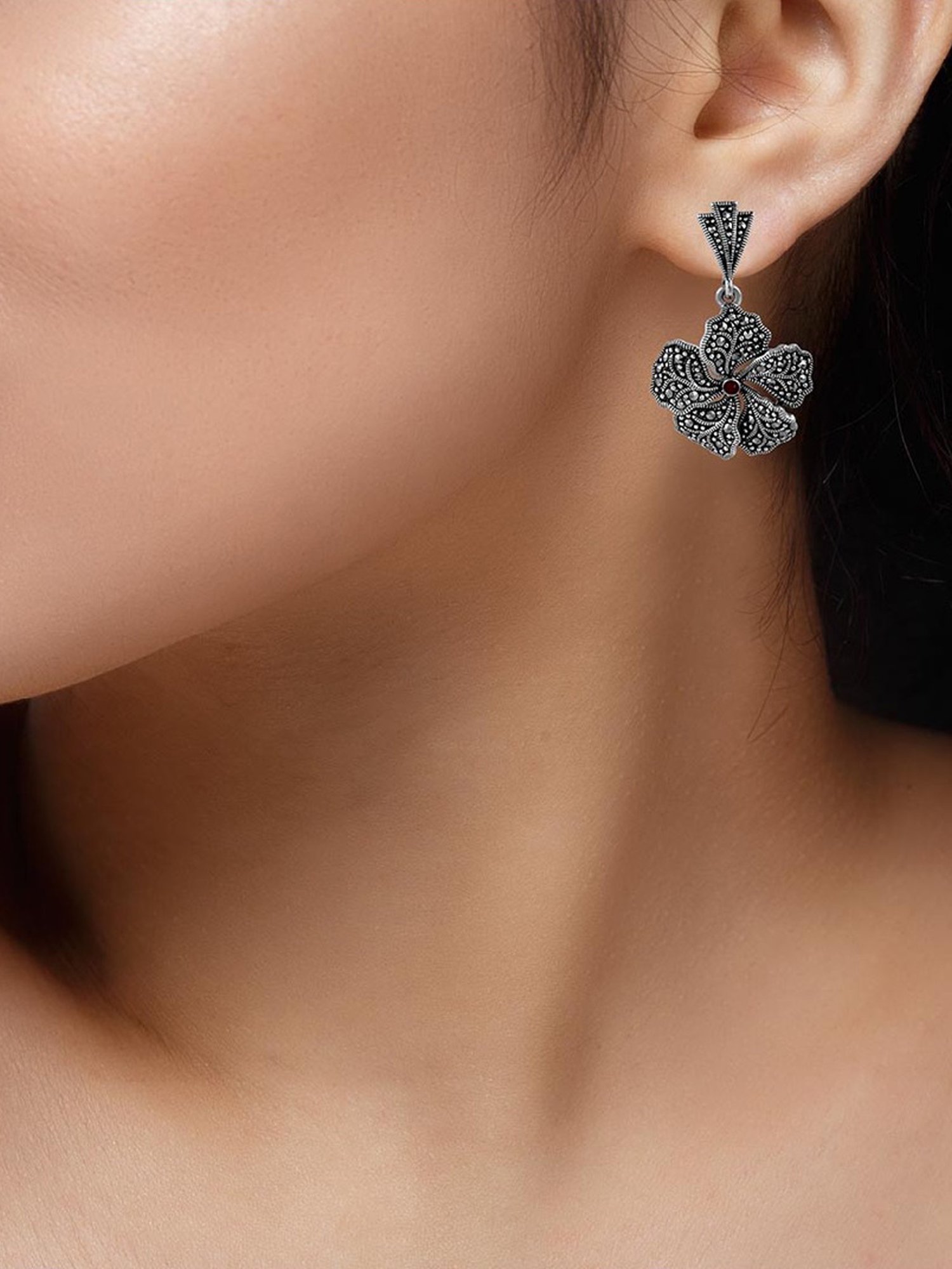 Rihi by P.C. Chandra Jewellers Oxidized Flower Necklace And Earring Set With Maroon Stone