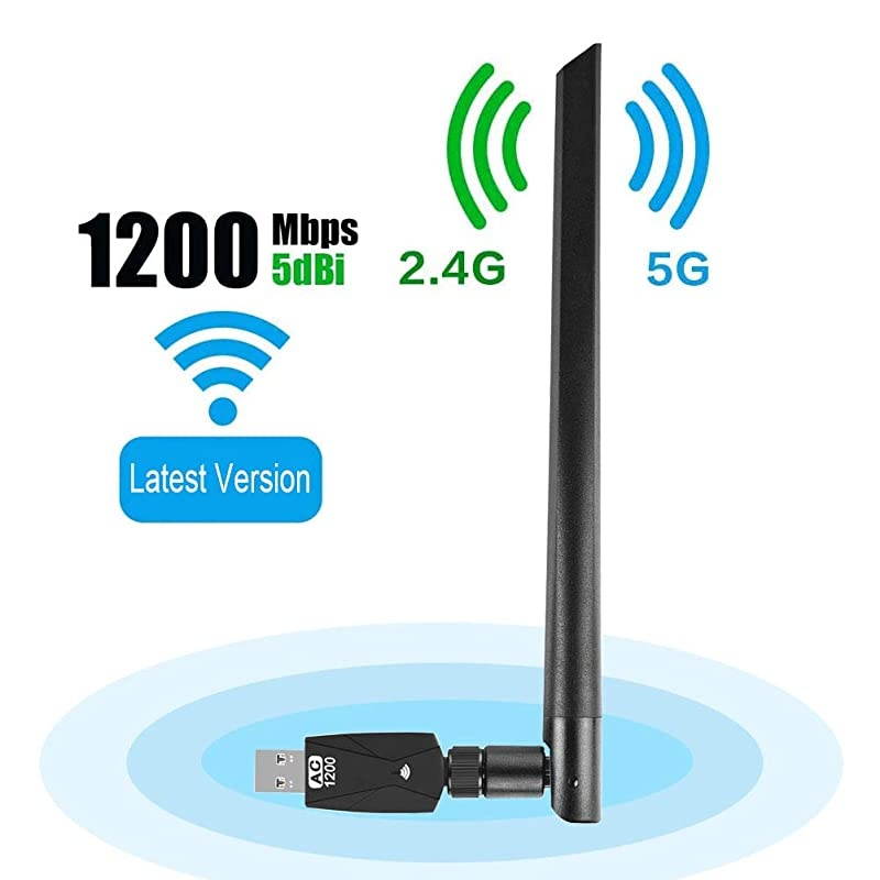 WiFi Adapter for PC AC1200Mbps Wireless Network Adapter for Desktop with 2.4GHz/5GHz High Gain Dual Band 5dBi Antenna, Supports Windows 10/8.1/8/7/XP, Mac OS 10.6-10.15,Vista,Linux