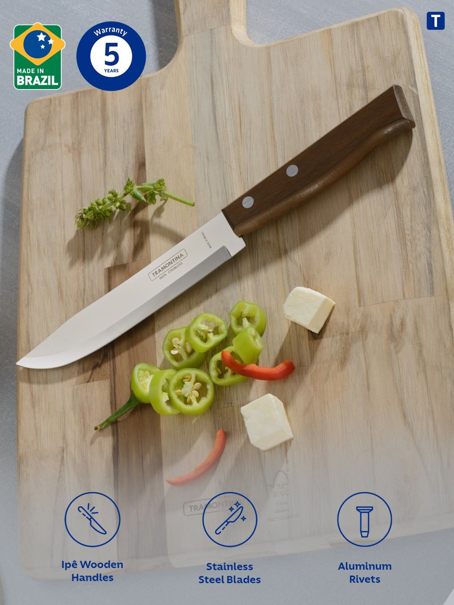 Tramontina Tradicional Stainless Steel Kitchen Knife 5.9" Plain edge Brazilian Wood Handle