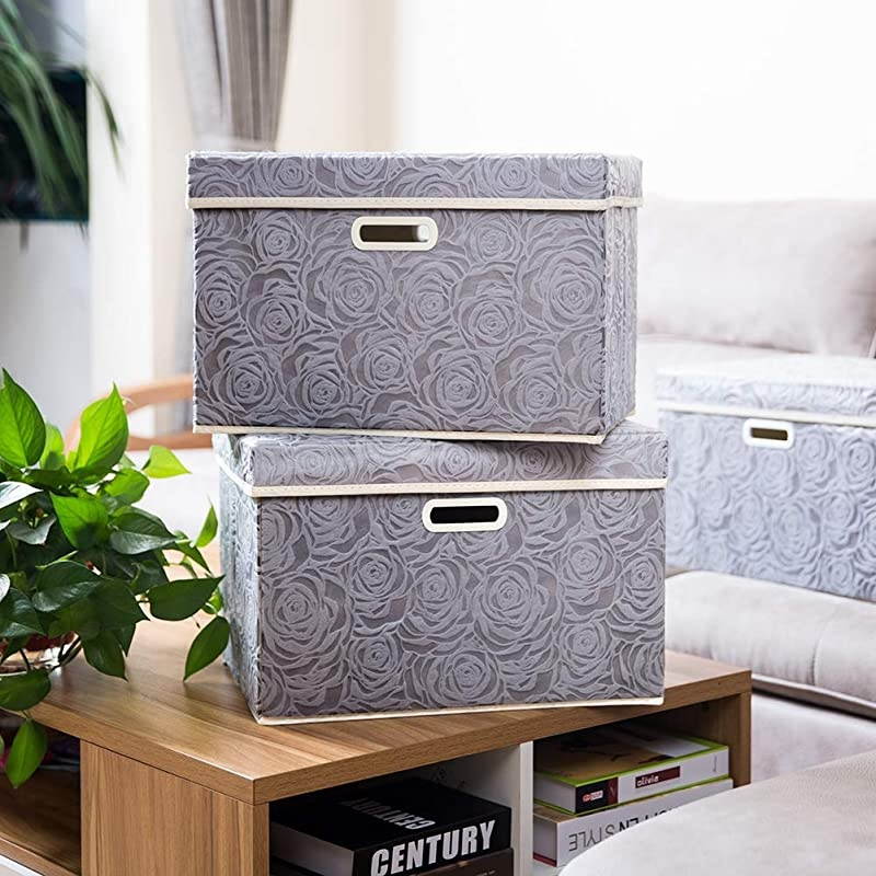 Larger Collapsible Storage Boxes with Lids Fabric Decorative Storage Bins Cubes Organizer Containers Baskets with Cover Handles for Bedroom Closet Living Room Gray 17.7x11.8x11.8 Inch 3 Pack