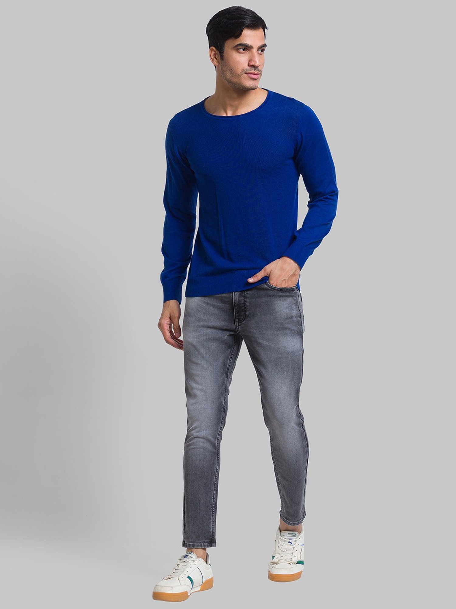 Parx Blue Cotton Regular Fit Sweater