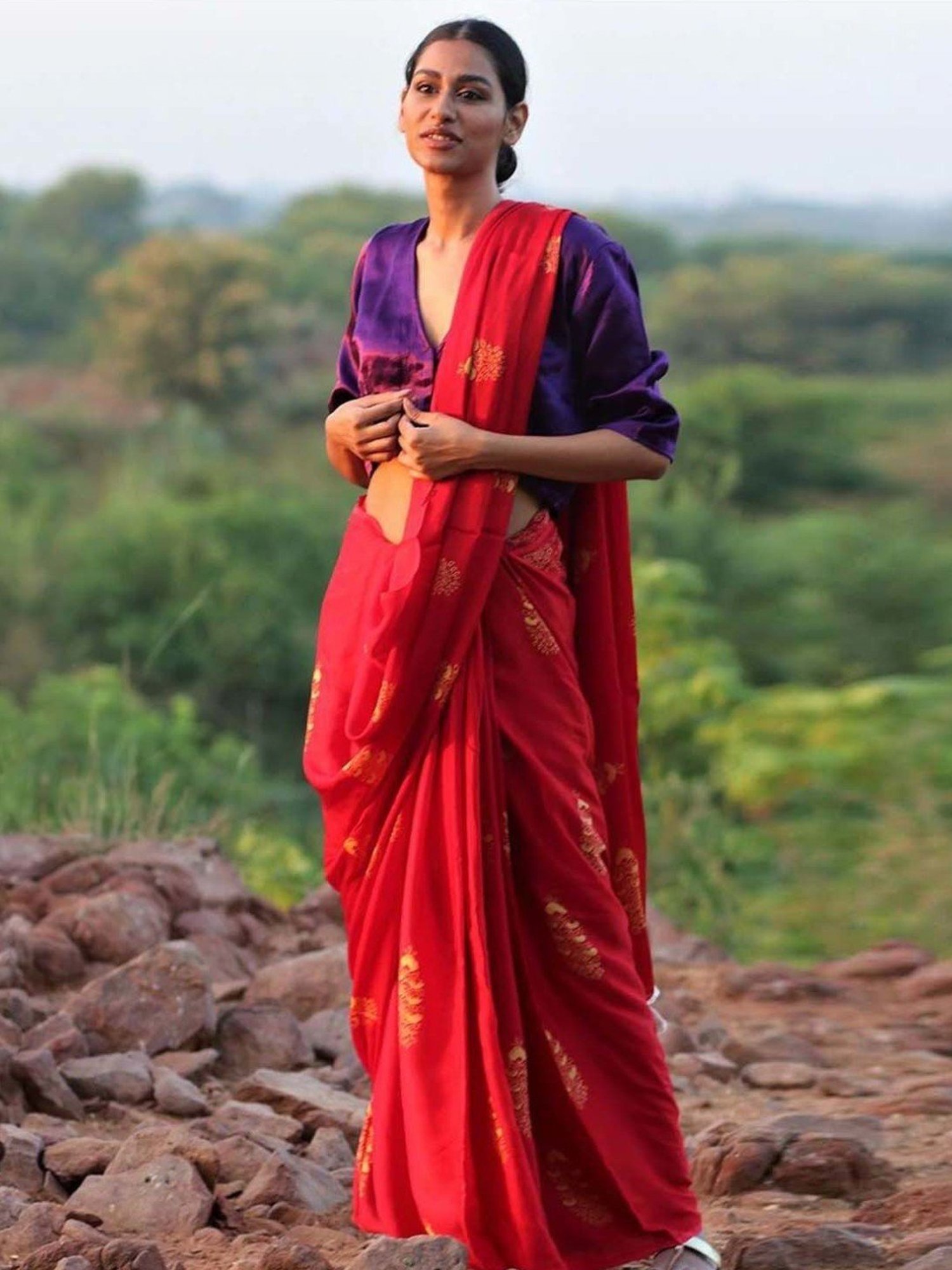 Chidiyaa Red Rang Block Printed Modal Silk Saree