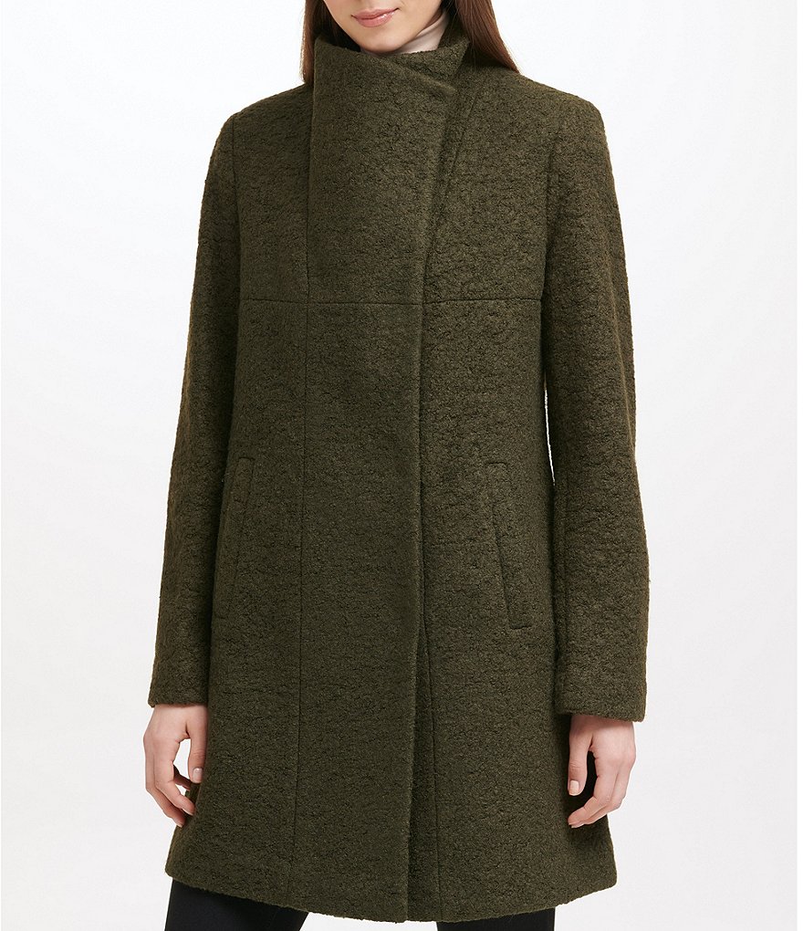 Kenneth Cole New York Asymmetrical Pressed Boucle Wool Wide Lapel Collar Coat