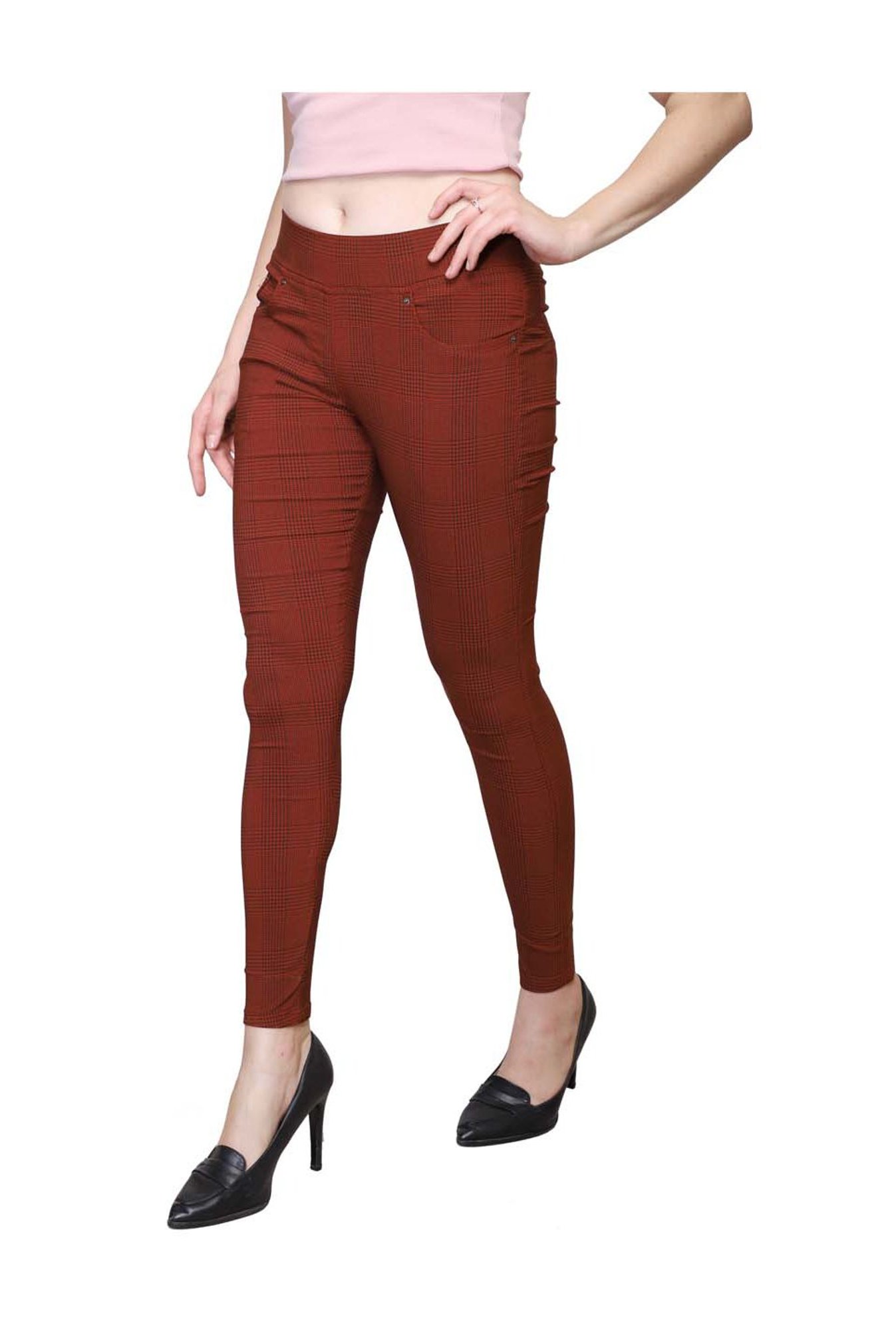 Westwood Maroon Skinny Fit Chequered Jeggings