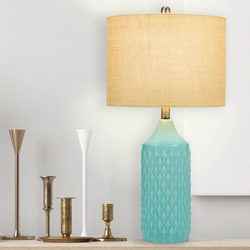 26.5" Quilted Ceramic Table Lamp with Natural Linen Drum Shade Aqua Blue - Cresswell Lighting