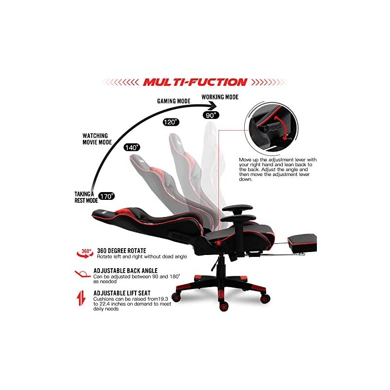 Ergonomic Gaming Chair High-Back Racing Style Gamer Chair PU Leather Height Adjustable Computer Desk Chair with Massage Lumbar Recliner Footrest and Headrest(Red)