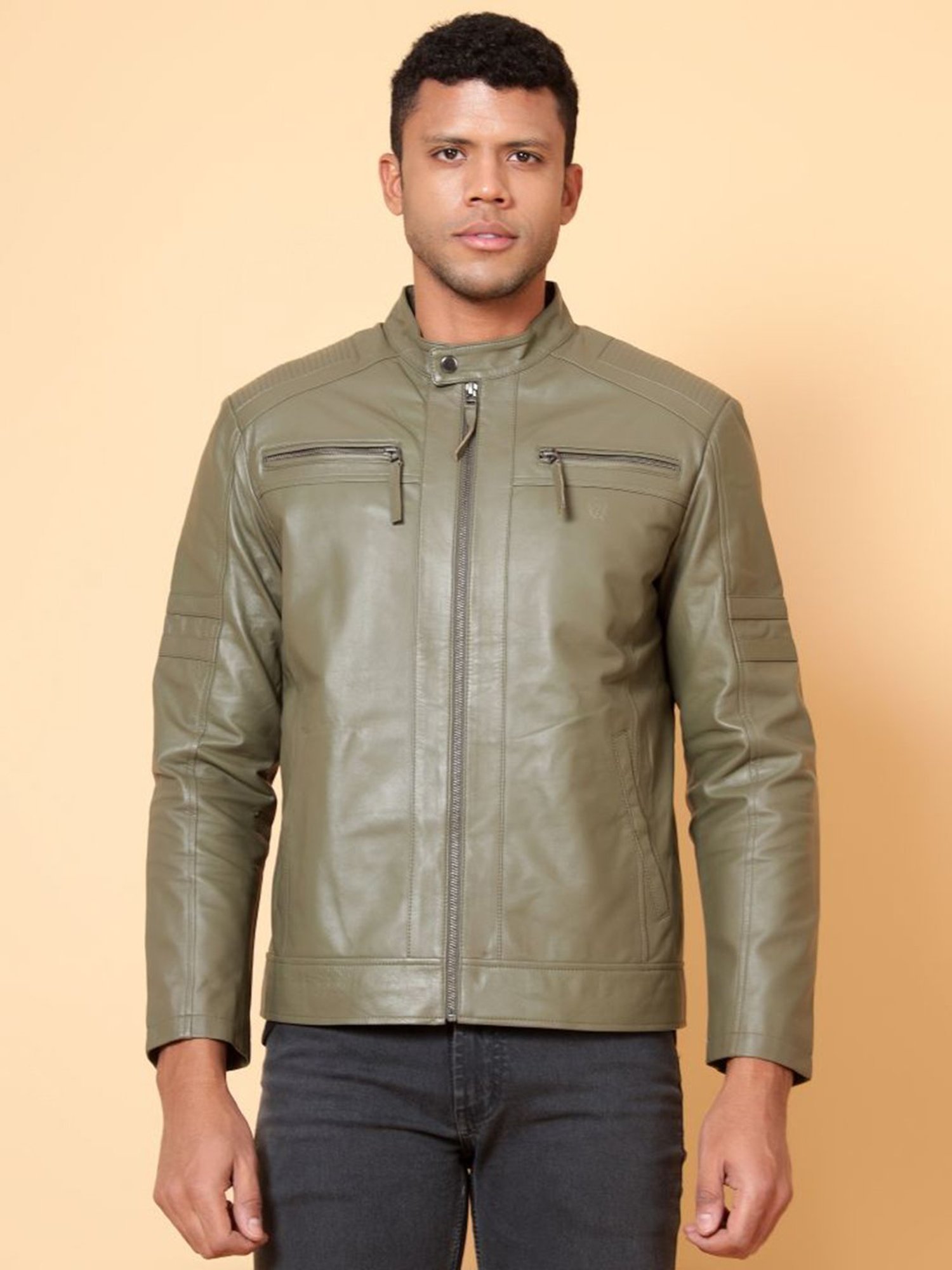 Tortoise Sergio Stone Grey Regular Fit Leather Jacket