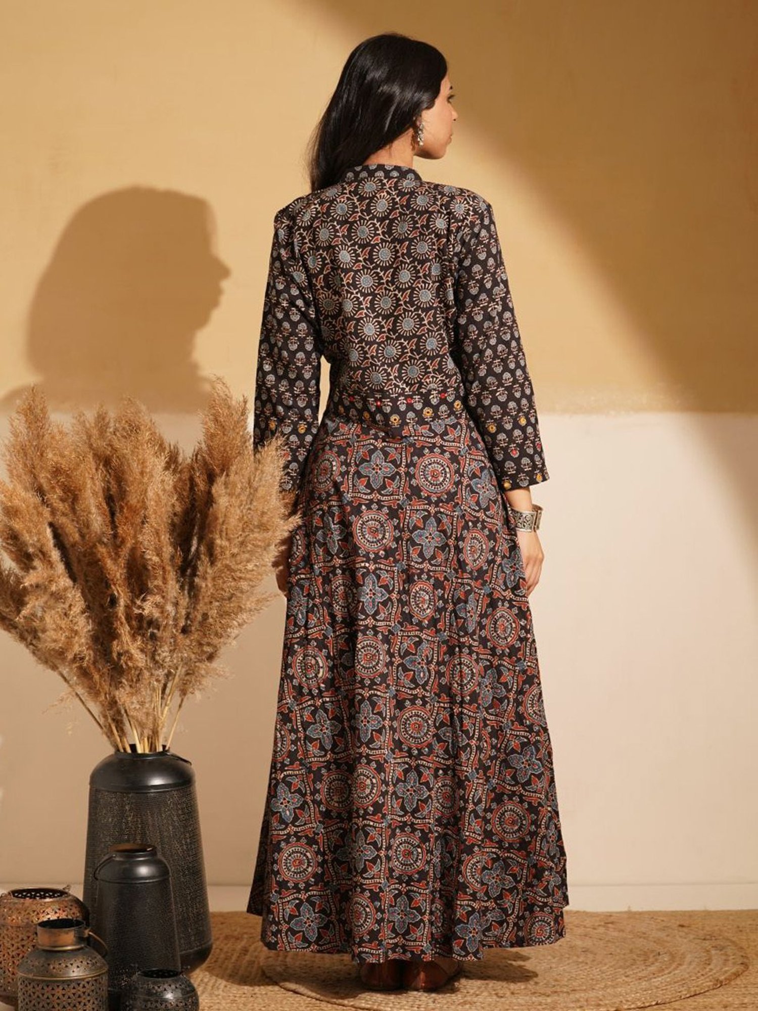 Love Chic Black Cotton Ajrakh Flare Kurta