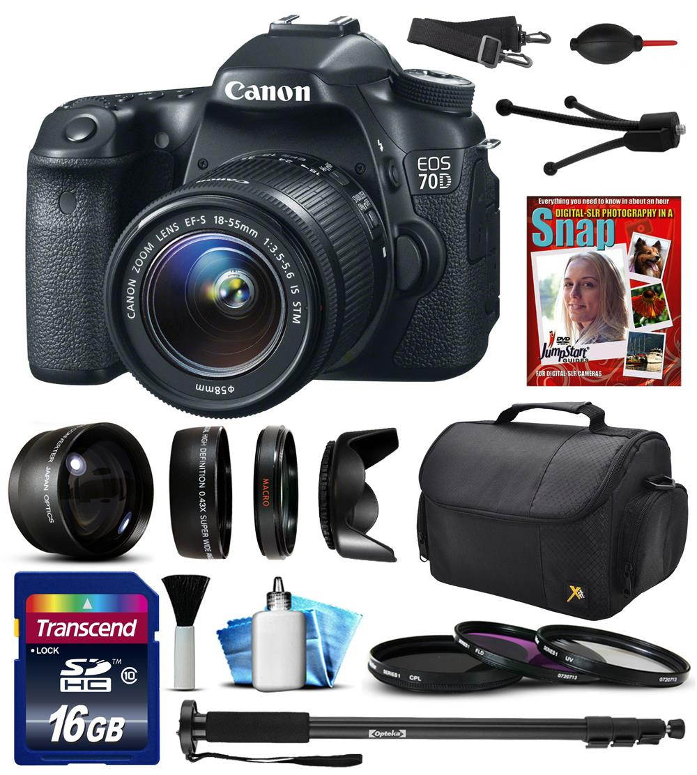 Canon EOS 70D Digital SLR Camera with EF-S 18-55mm STM Lens, 16GB SD Card, 72" Monopod, 2.2x Telephoto Lens, Carrying Case, Air Cleaner Blower, 10pcs Cleaning Kit and Accessory Bundle