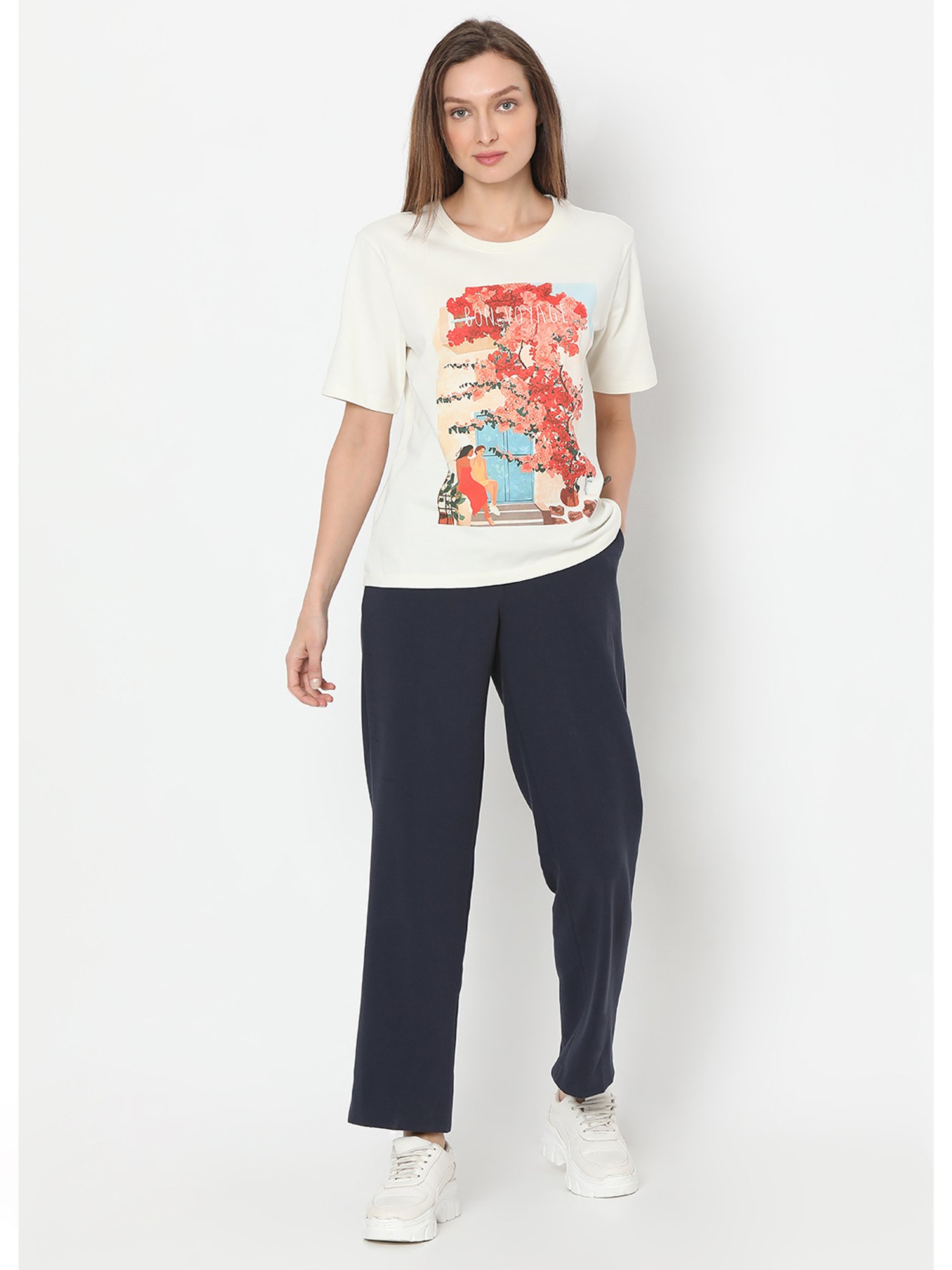 Vero Moda White & Red Cotton Floral Print T-Shirt