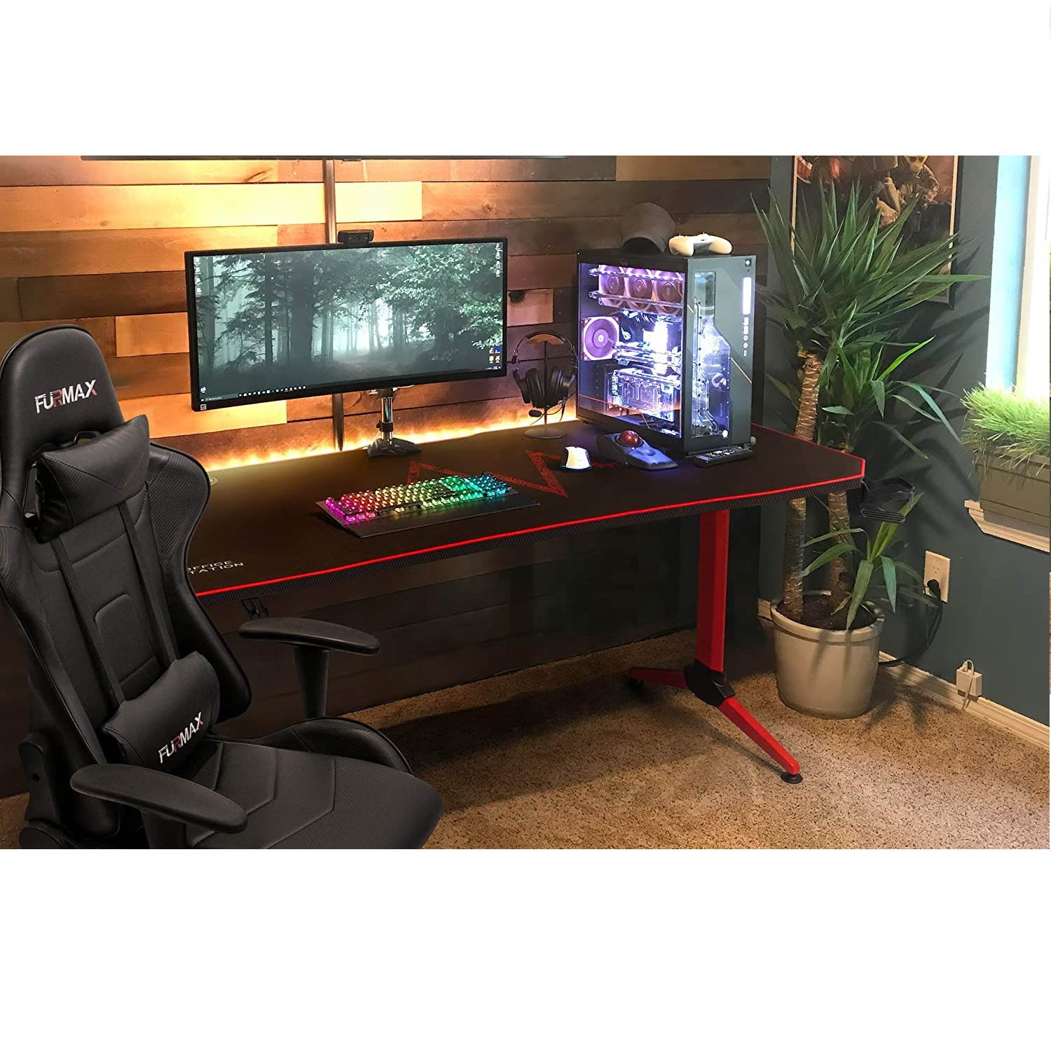 Furmax 55 Inch Gaming Desk Racing Style PC Computer Desk Y-shaped Table Home Office Desk with Large Carbon Fiber Surface, Free Mouse Pad, Headphone Hook, Gaming Handle Rack and Cup Holder (Black)