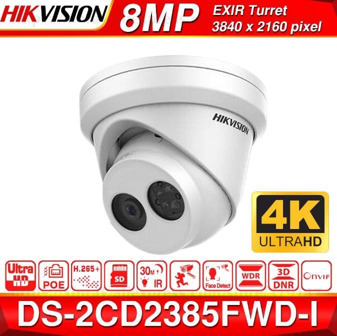 Hikvision 8MP 4K UltraHD Outdoor Security POE IP Camera DS-2CD2385FWD-I ,EXIR 98ft Night Vision ,2.8mm fixed Lens Turret camera, Smart H.265+, SD Card Slot, WDR ,DNR, IP67,ONVIF,1-Pack