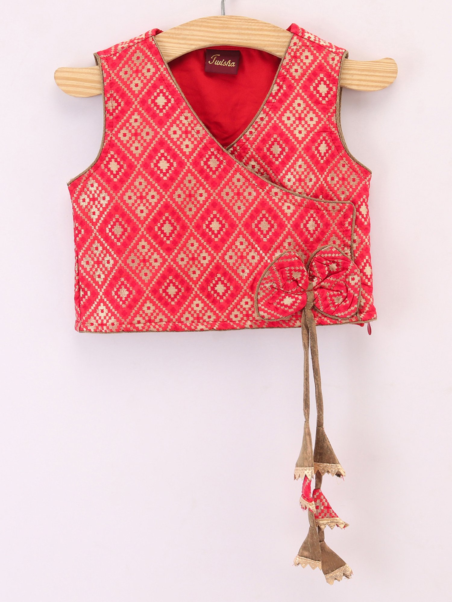TWISHA Kids Red & Green Self Design Top with Ghagra