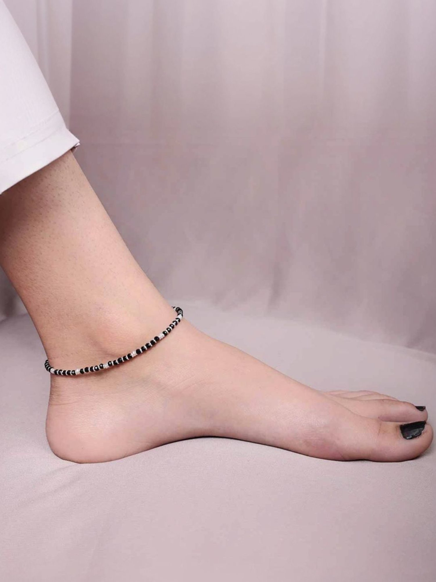 Arte Jewels 925 Sterling Silver Black and White Beads Anklet for Women & Girls (Single)