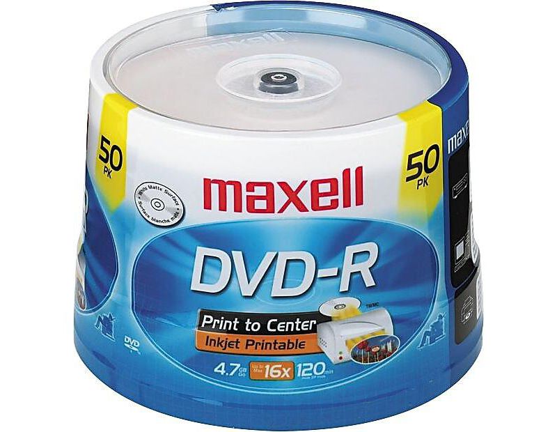 Maxell DVD-R Recordable Discs Printable 4.7GB 16x Spindle White 50/Pack 638022