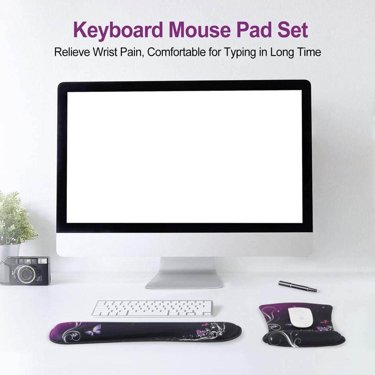 Keyboard Wrist Rest Pad Ergonomic Mouse Pad Set ToLuLu Mouse Pad for Computer Laptop Non Slip Mousepad Keyboard Wrist Support with Raised Memory Foam for Easy Typing Pain Relief Purple Butterfly
