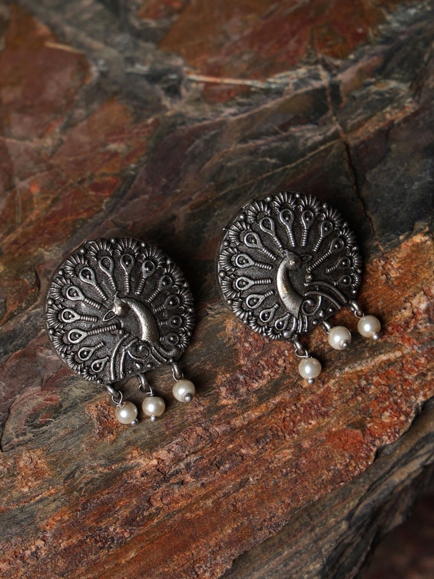 Aatmana Oxidized Peacock Shaped White Stud Earrings for Women