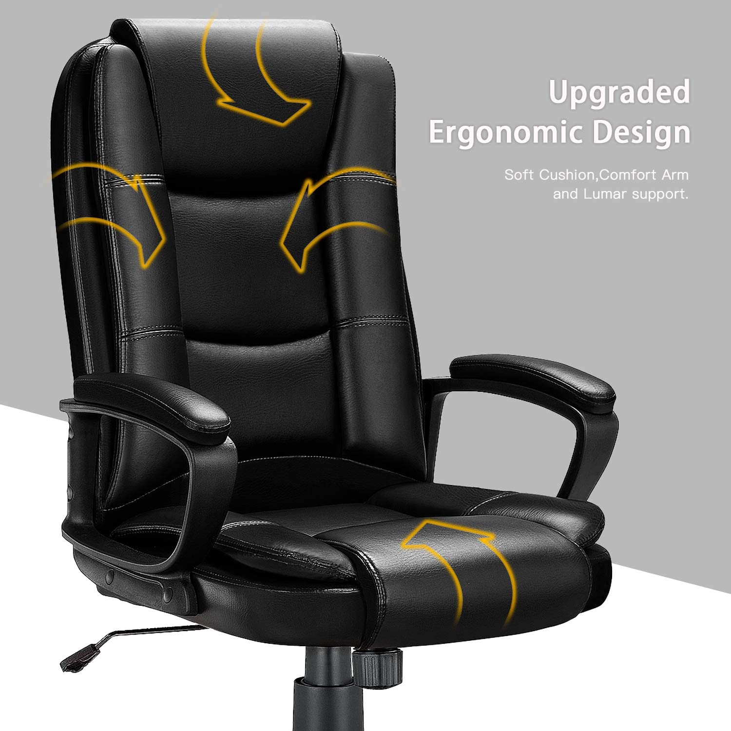BOSSIN Home Office Chair, Ergonomic Desk Chair, Adjustable Task Chair for Lumbar Back Support, Computer Chair with Rolling Swivel and Armrest, Modern Executive High Back Leather Chairs. (Black)
