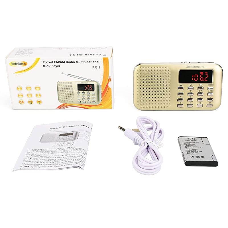 PR11 AM FM Radio Portable, Rechargeable Transistor Radios Small with Headphone Jack, MP3 Music Player Speaker Support TF USB AUX Port (Gold)