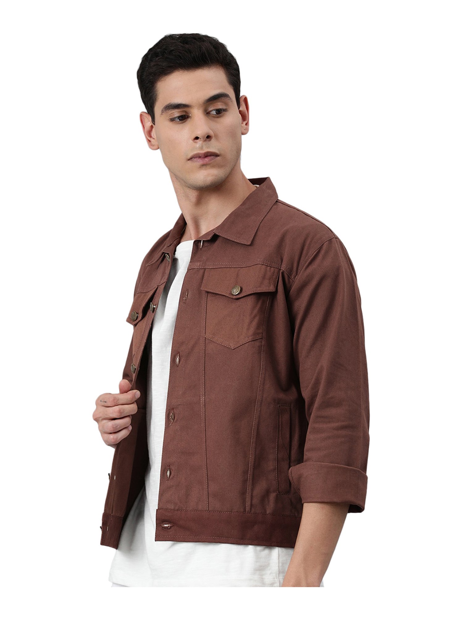 VOXATI Dark Maroon Full Sleeves Shirt Collar Denim Jacket