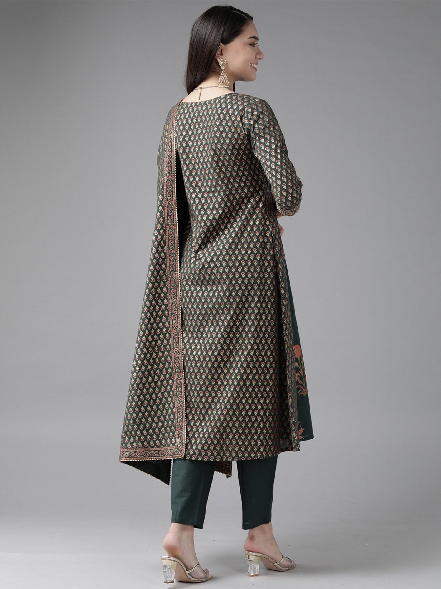 Indo Era Green Printed Kurta Pant Set With Dupatta