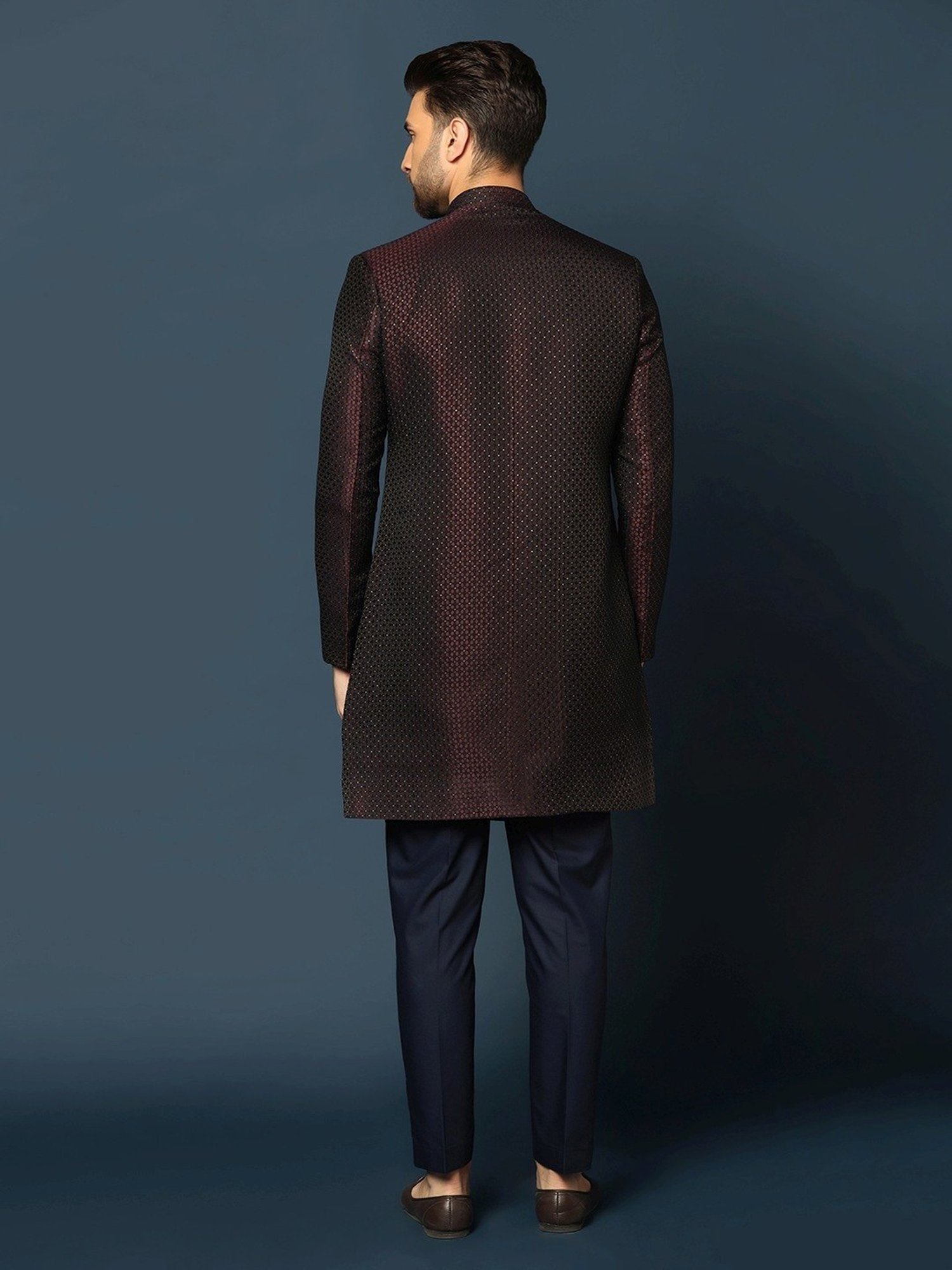 Hangup Plus Beige & Black Regular Fit Printed Sherwani Set