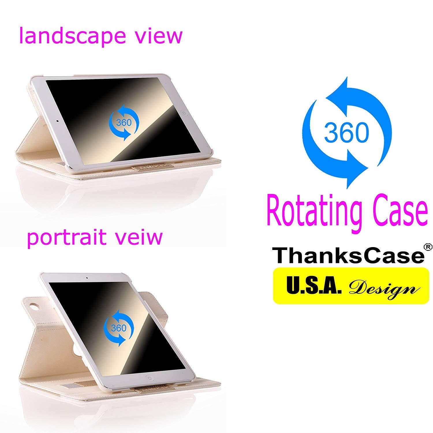 iPad Mini 4 Case,Thankscase Rotating Case Cover for Ipad Mini 4 with Wallet and Pocket with Hand Strap with Smart Cover Function for iPad Mini 4 2015 (Gold)